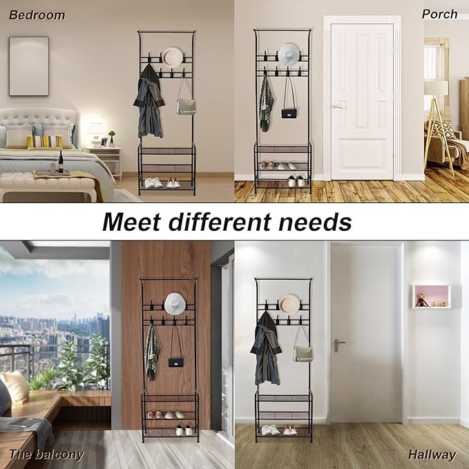 Freestanding Coat Rack with Shoe Bench & Hooks | Black Metal Hall Tree Organizer