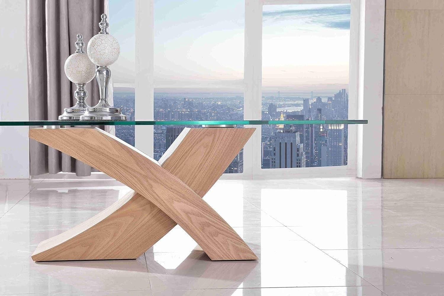 Modern Glass & Oak Coffee Table 135x80cm X-Shape Base Stylish Living Room