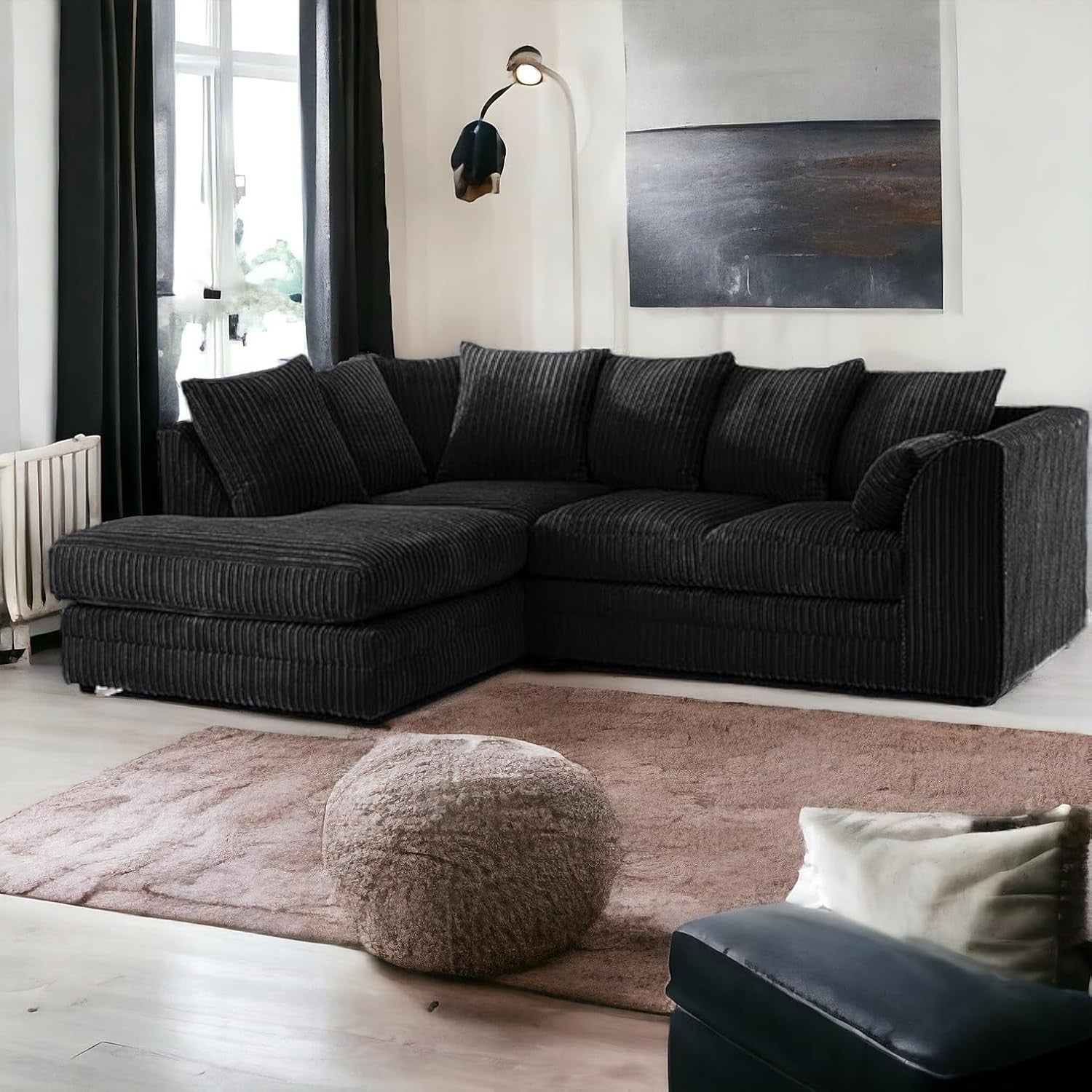 4 Seater Black Jumbo Cord Scatter Back Left Hand Corner Sofa with Deep Seats