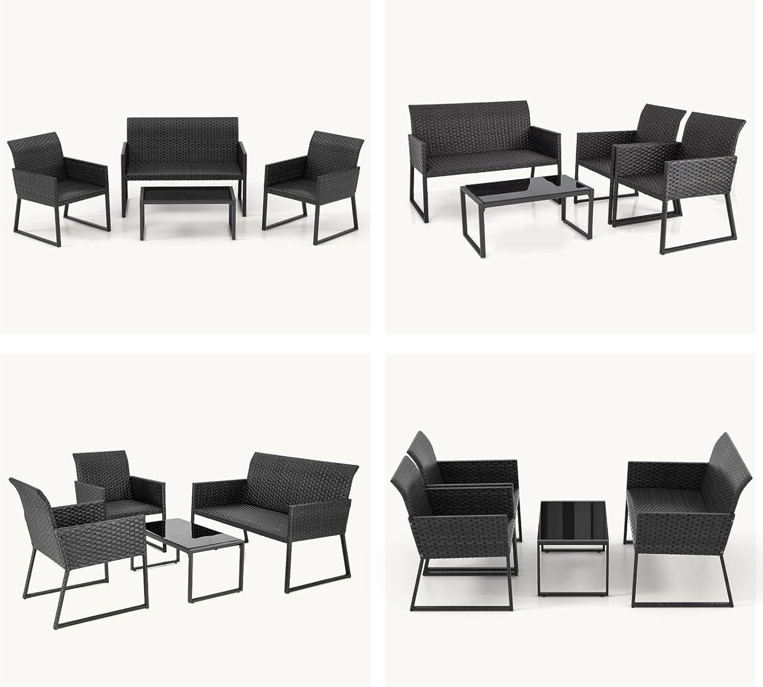 4PC Rattan Garden Sofa Set Metal Frame Patio Chairs Glass Coffee Table