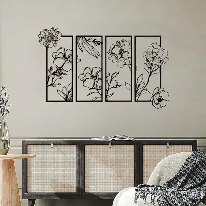 Hocadon 4 Pieces Black Flower Metal Wall Art Minimalist Wall Decor