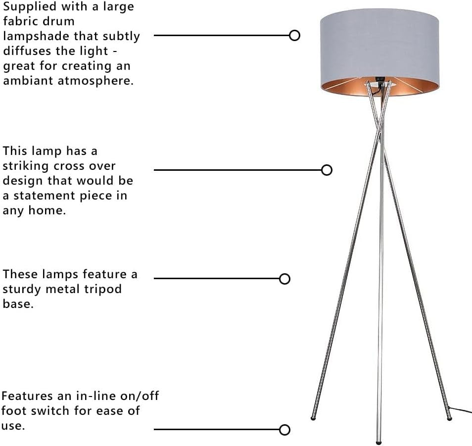 Chrome Tripod Floor Lamp Grey Copper Shade Modern Standing Light Living Room