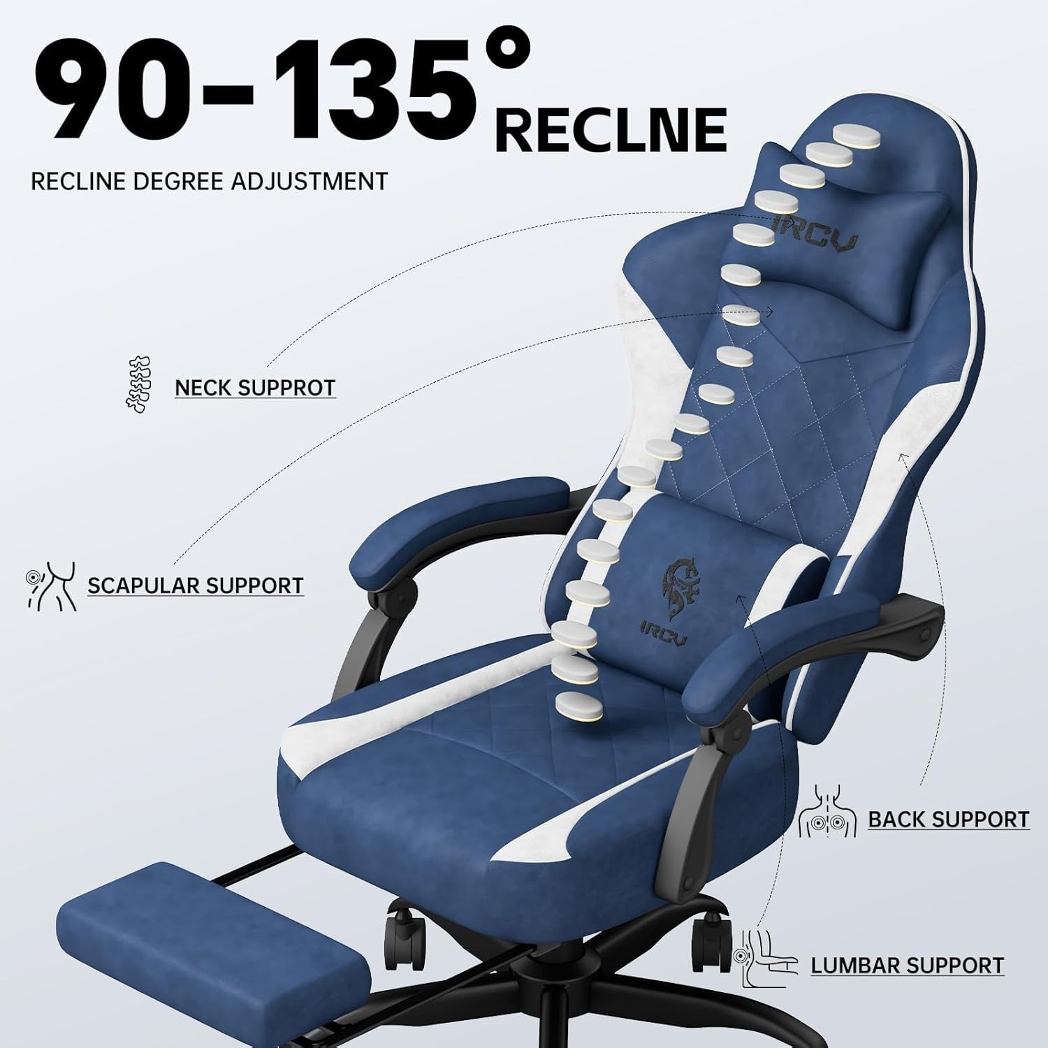 Gaming Chair Memory Foam Footrest Reclining Large Lumbar Support Blue