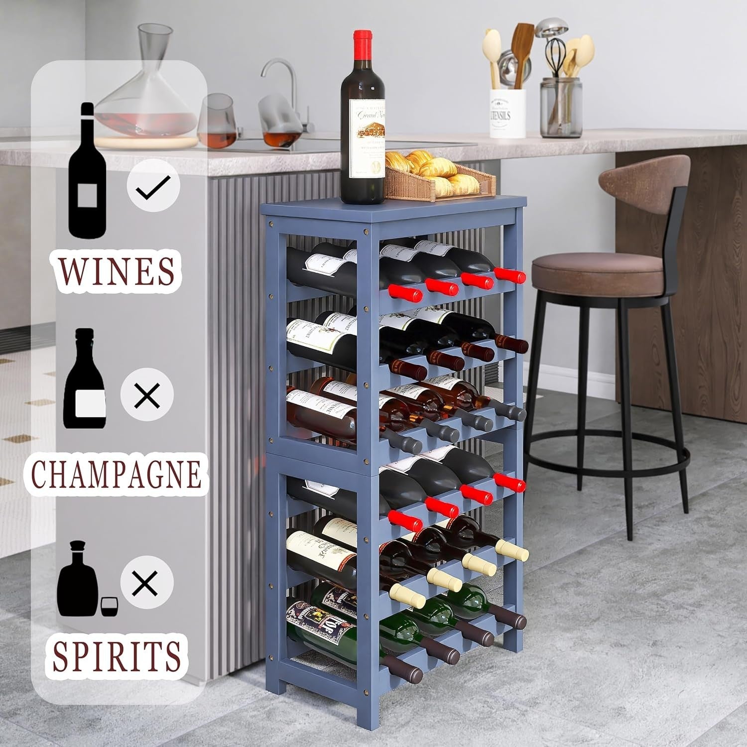 6 Tier 24 Bottle Wine Rack Bamboo Freestanding Storage Shelf Grey Kitchen Bar