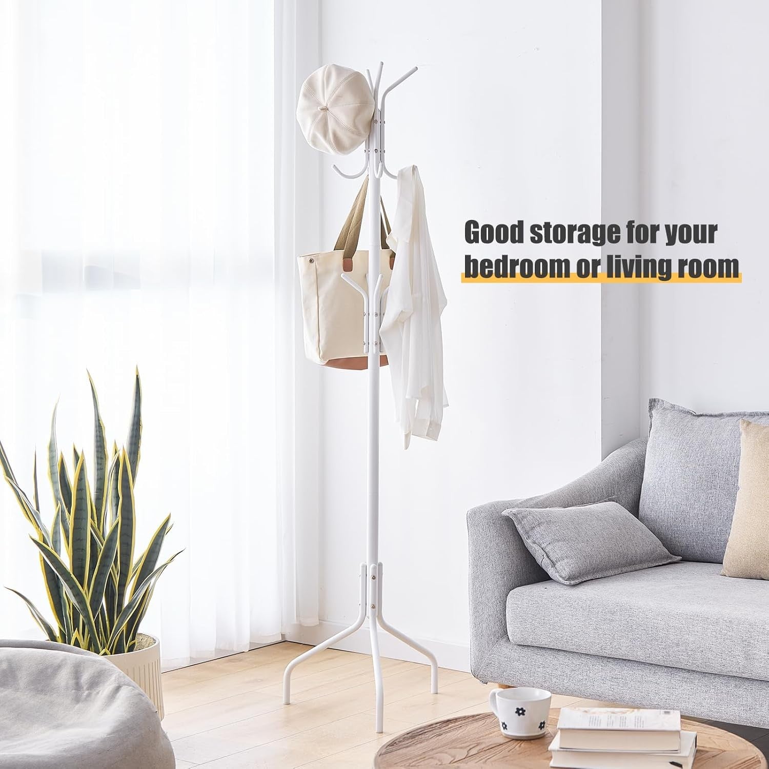 White Freestanding Coat Rack with 12 Hooks | Metal Hat & Scarf Organizer