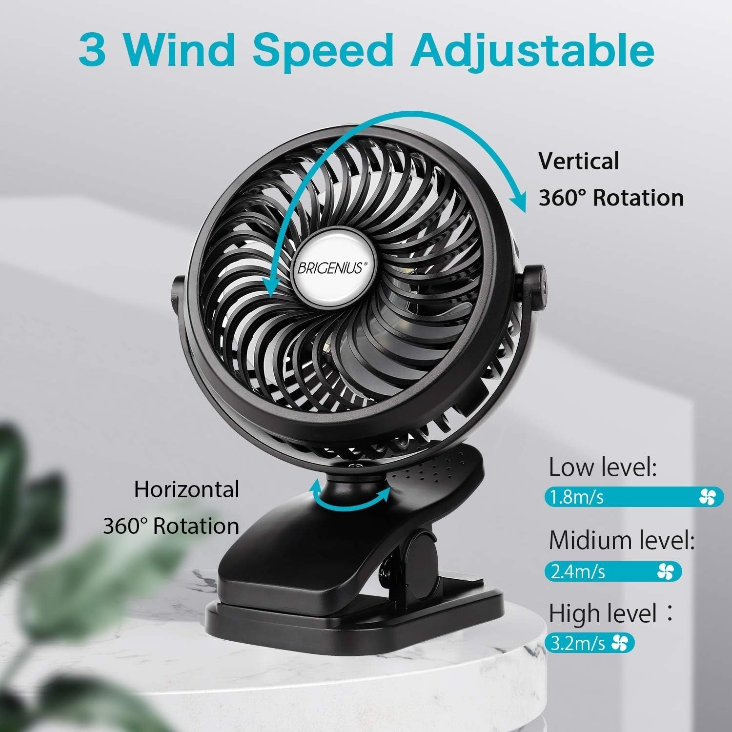 Clip-On Camping Fan – Rechargeable Desk Fan w/ LED Light 3 Speeds Portable Black