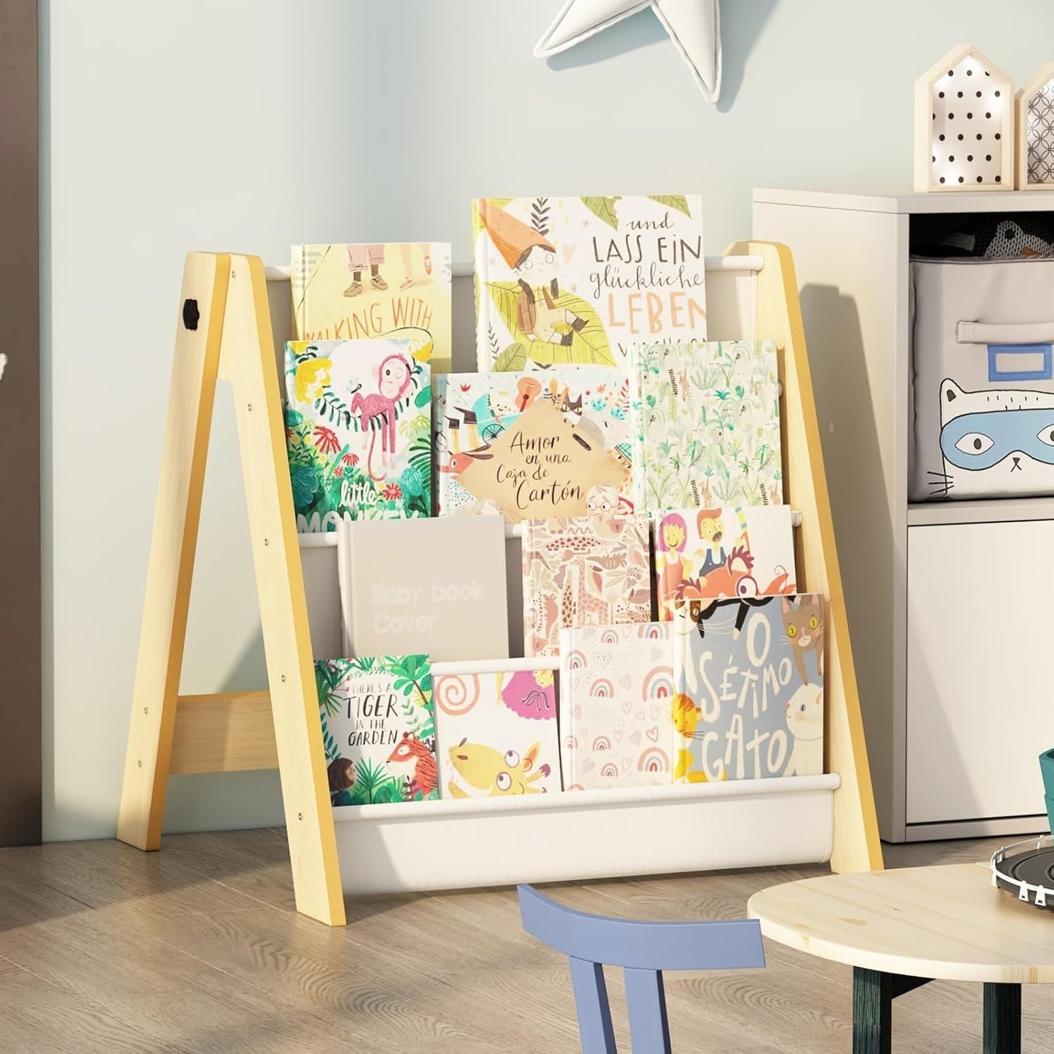 Kids 4 Tier Foldable Bookshelf with Deep Fabric Pockets, Durable Book Storage