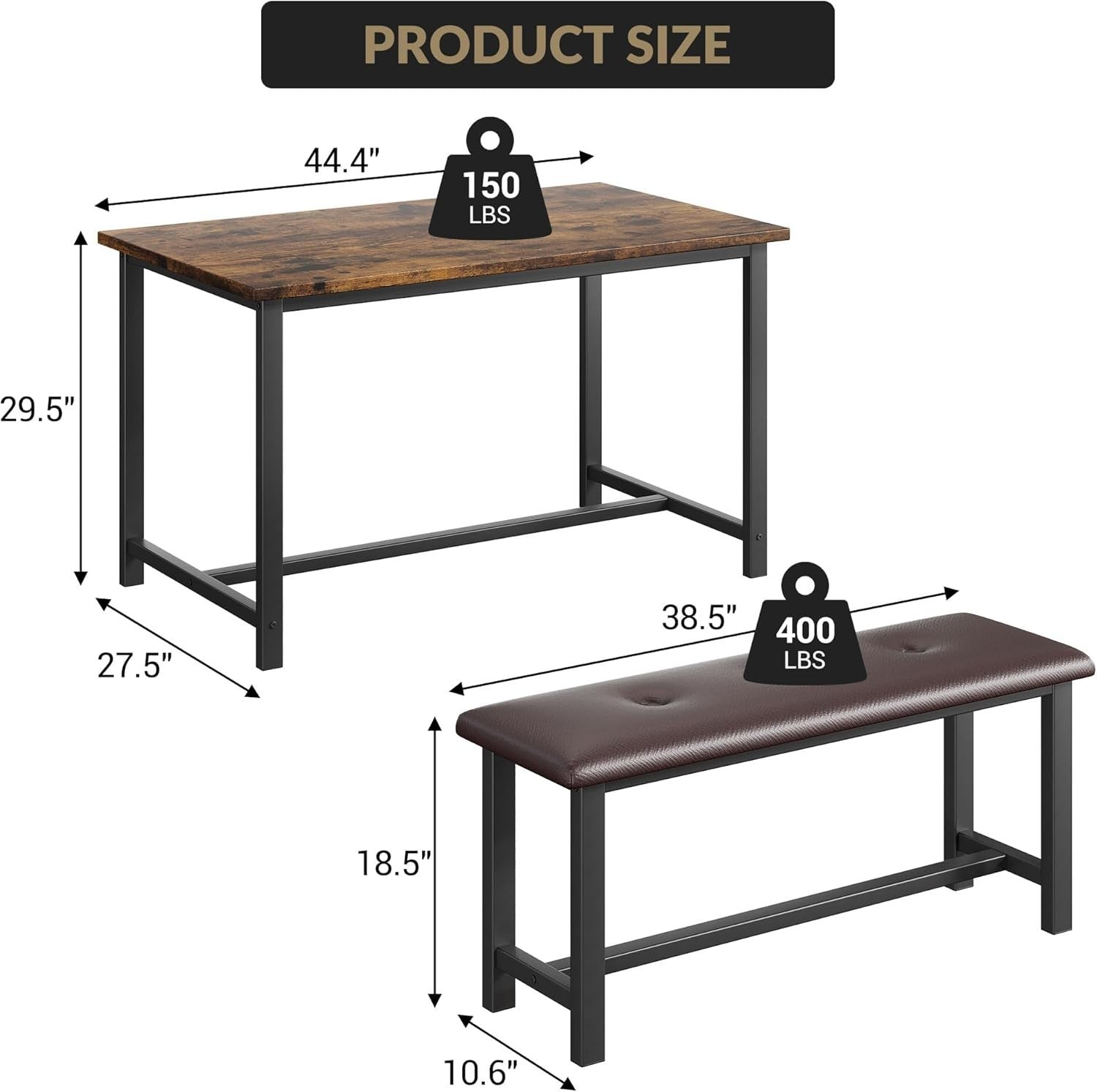 Rustic Brown Dining Table Set for 4 with 2 Benches Space Saving Wood Metal