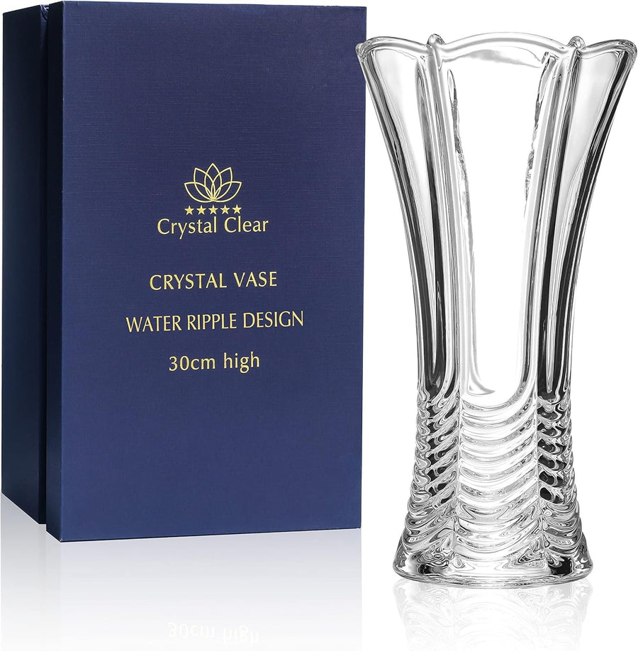 30cm Crystal Glass Flower Vase Tall Clear Ripple Design Wedding Centrepiece