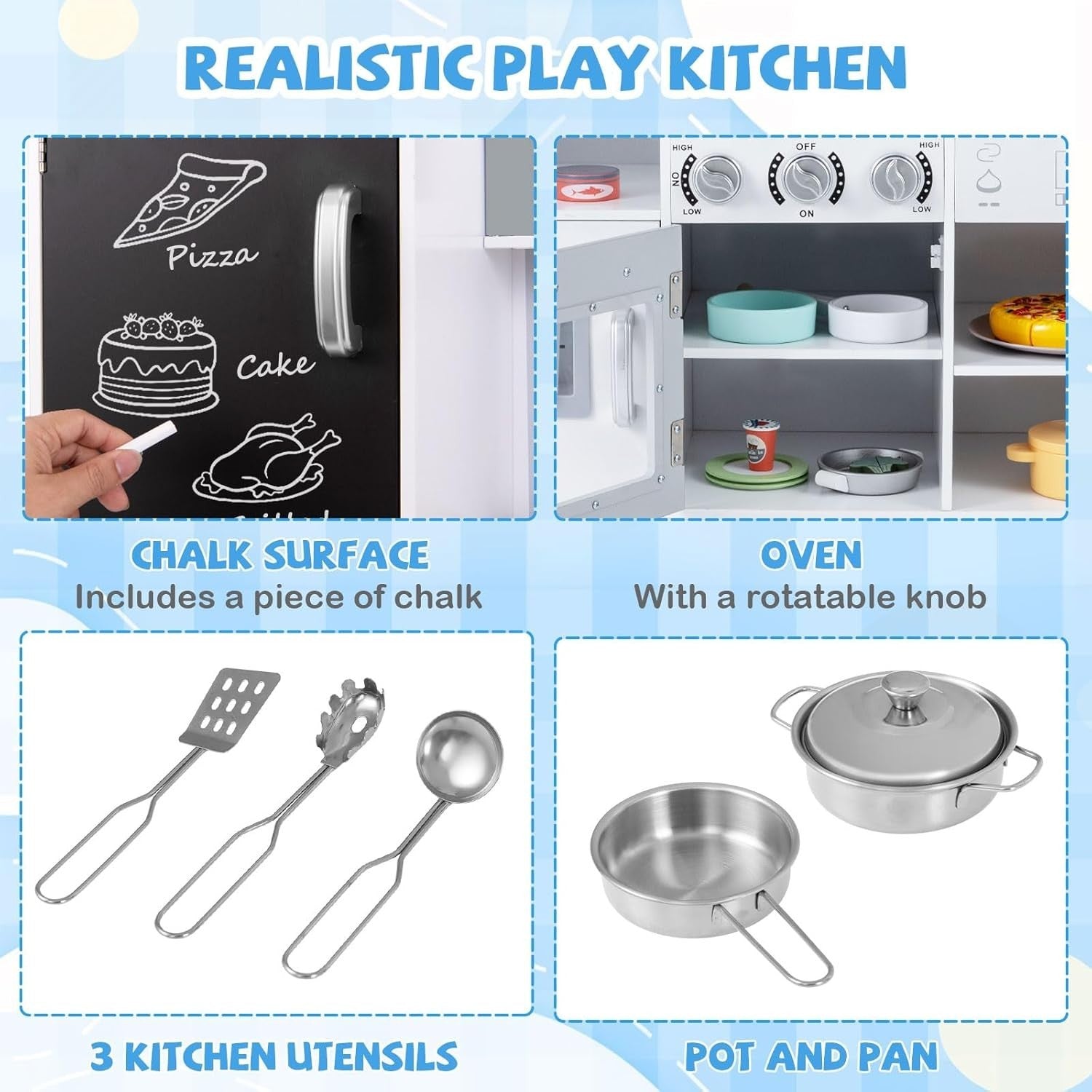 Kids Wooden Play Kitchen w/ Lights Sounds Blackboard Silver