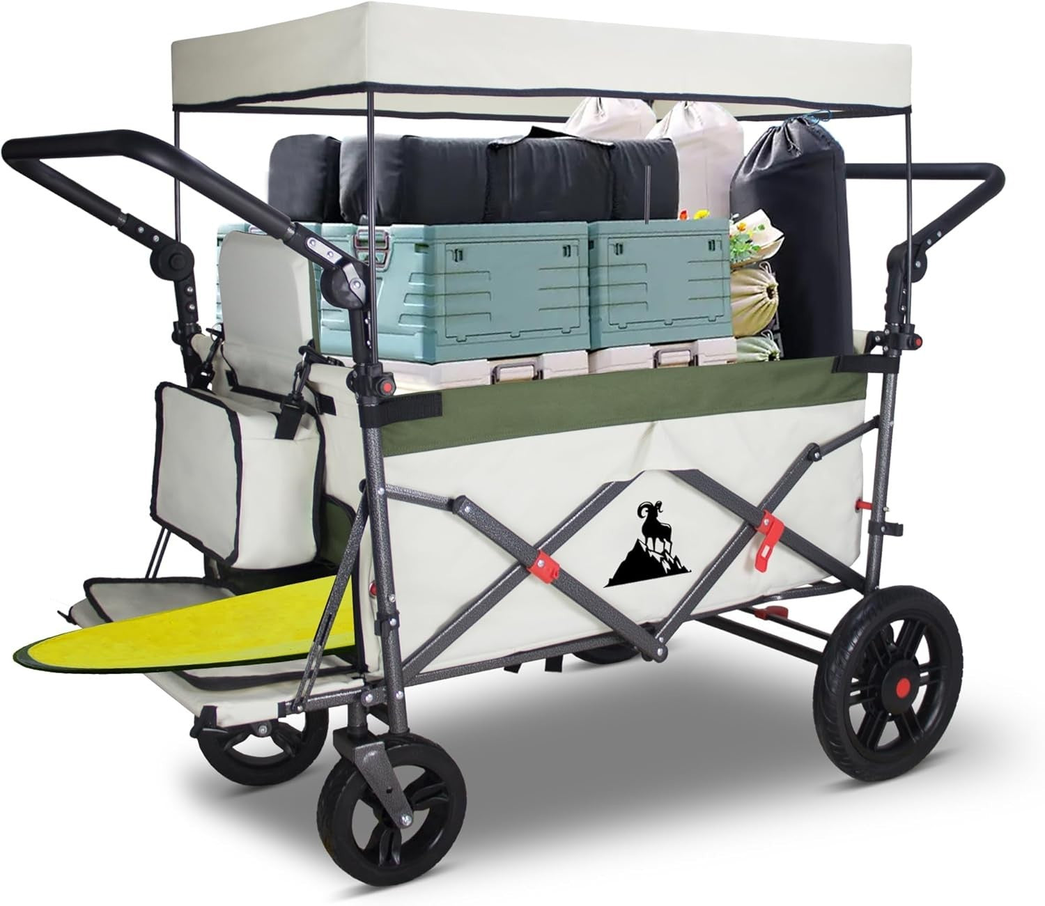 Green/Beige Folding Wagon w/ Roof Brakes 120kg Heavy Duty Cart PU Tyres & Seats