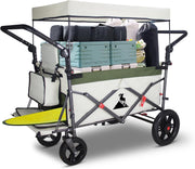 Green/Beige Folding Wagon w/ Roof Brakes 120kg Heavy Duty Cart PU Tyres & Seats