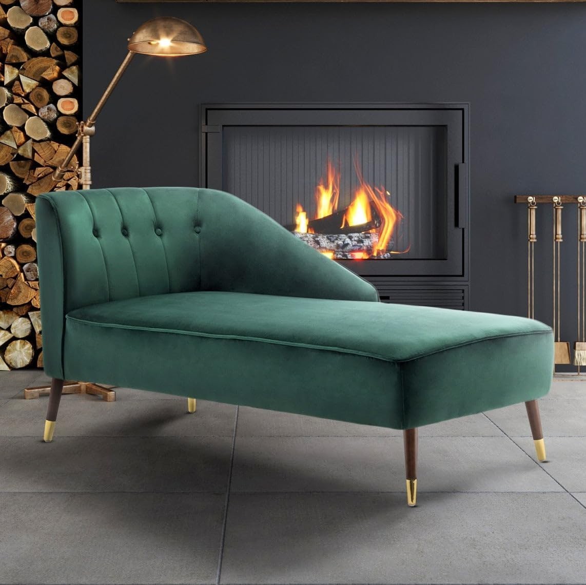 Modern Green Velvet Tufted Right Hand Chaise Lounge Chair Bedroom 160cm.