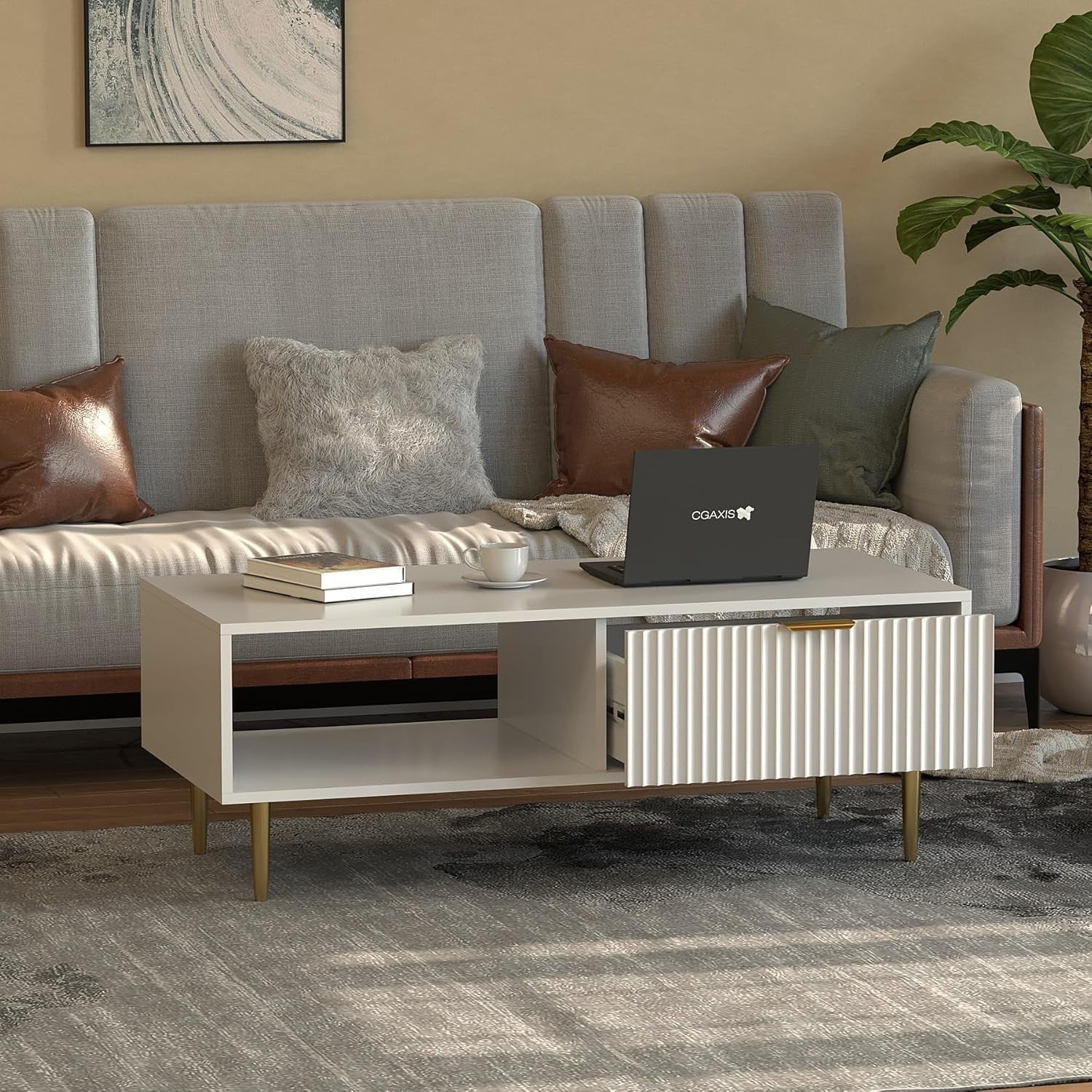 Modern White Coffee Table with Storage Drawer & Gold Legs – 110x50x40cm