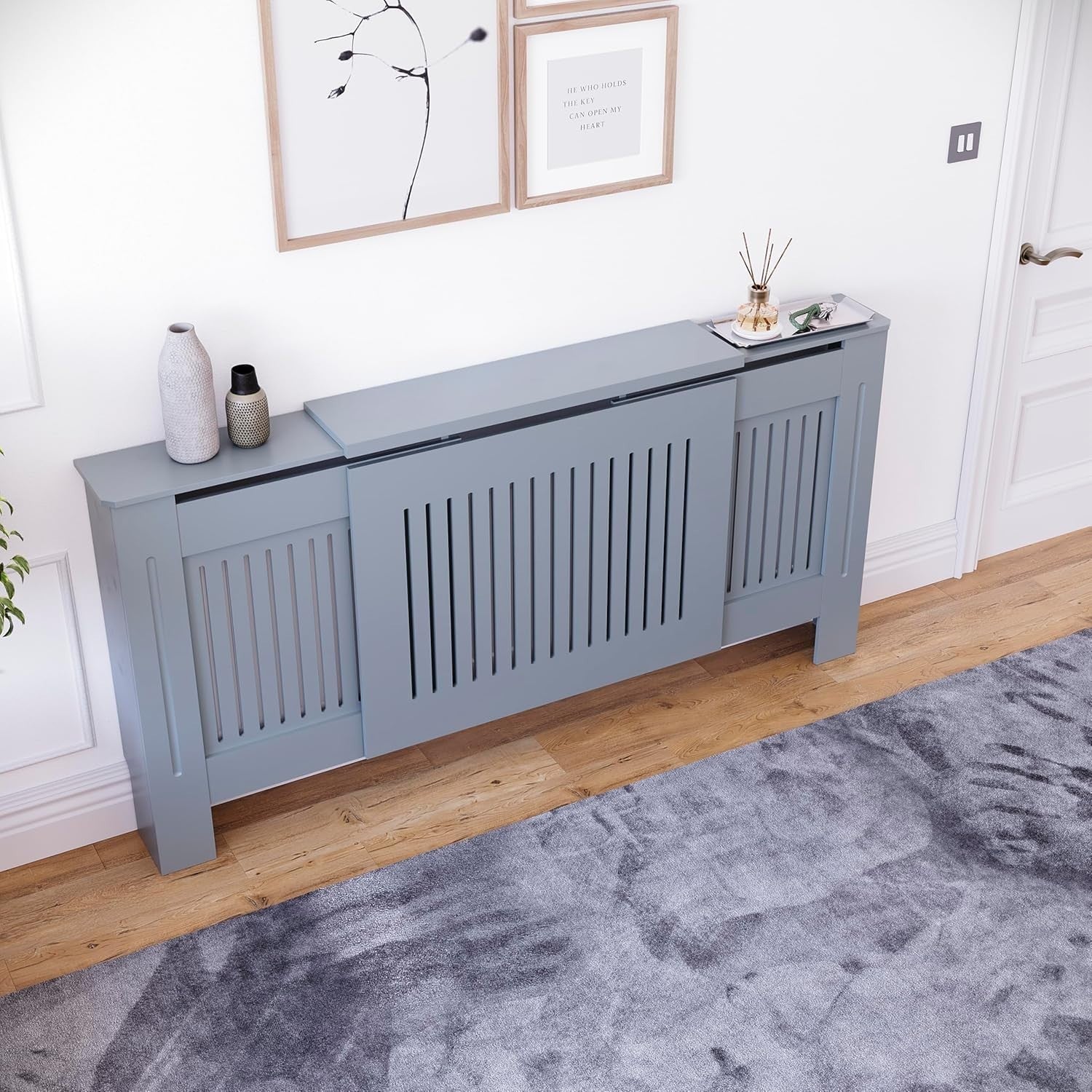Adjustable Grey Radiator Cover | Modern MDF Slatted Heating Cabinet