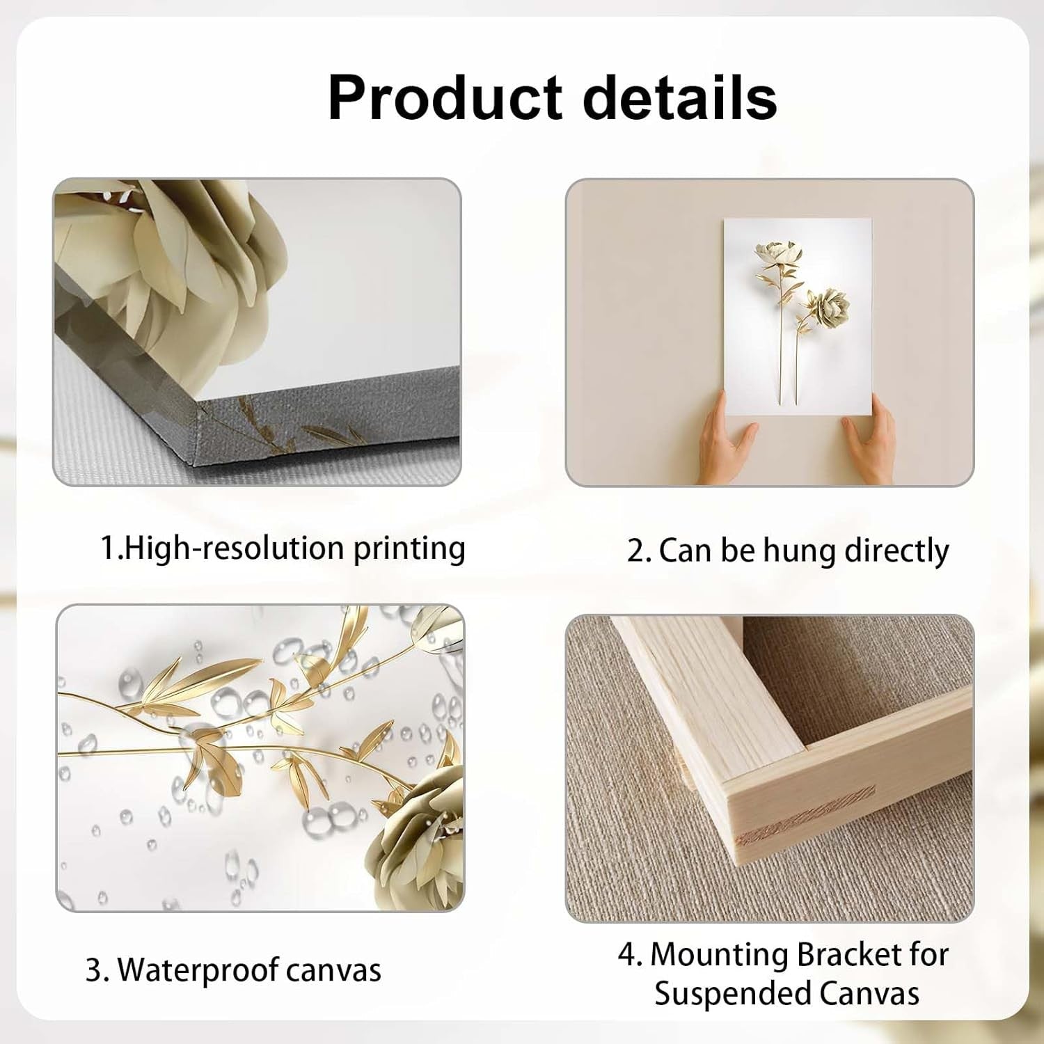 3-Piece 3D Gold Flower Canvas Wall Art – Luxury Modern Floral 12x16in