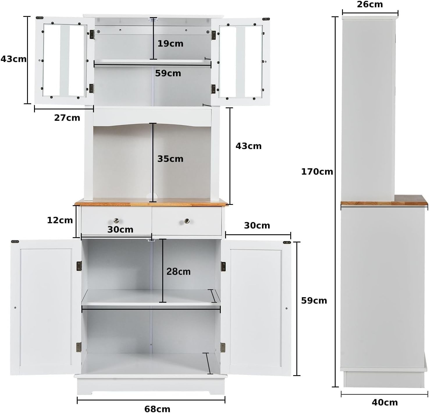 White 170cm Tall Kitchen Cupboard 4-Door 4-Drawer Adjustable Shelves