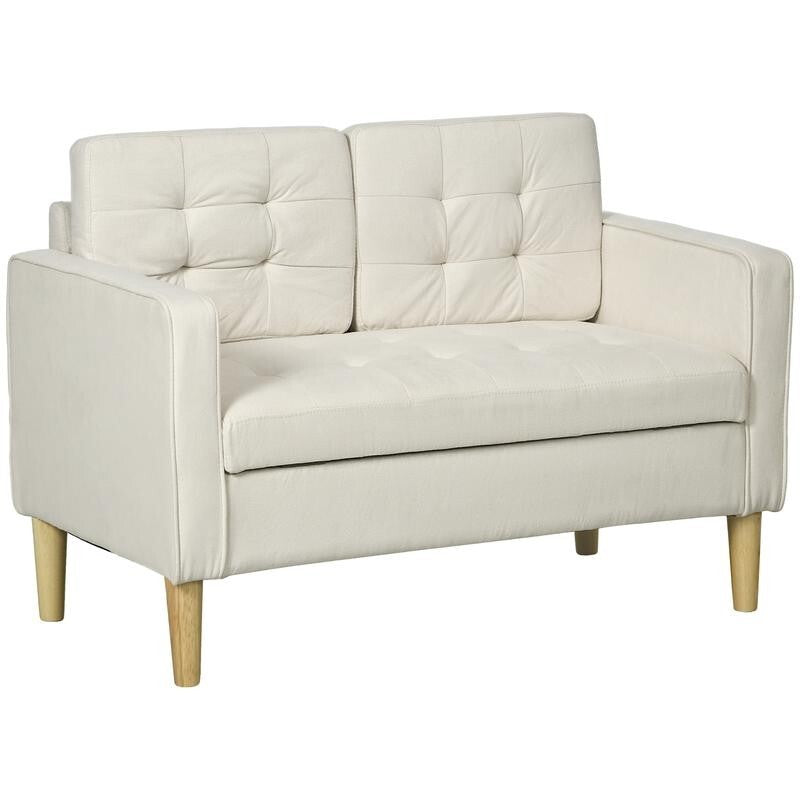 Modern 2 Seater Sofa w/ Storage, Tufted Cream Cotton Couch, Wood Legs 117cm