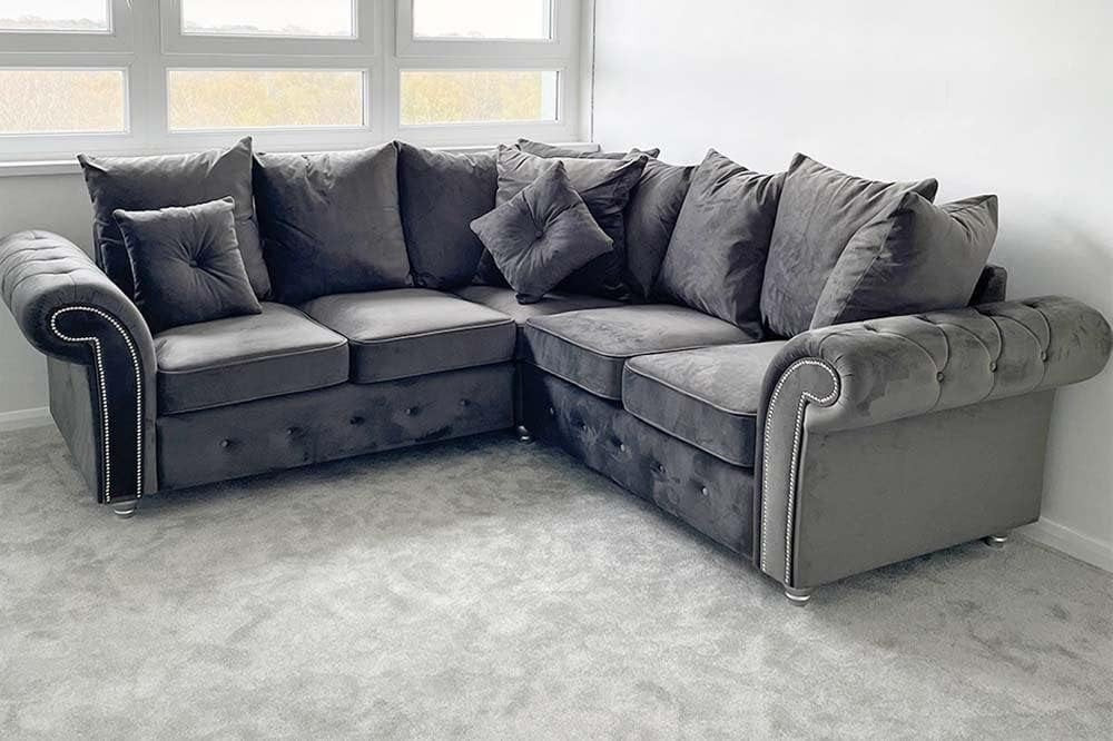 Plush Velvet Grey Corner Sofa | Modern 3 Seater L Shape Couch | Living Room