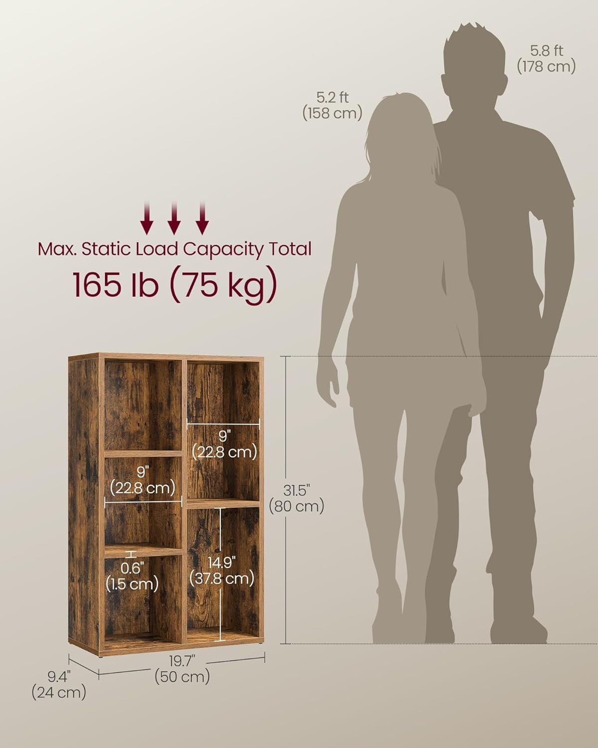 5-Compartment Rustic Bookshelf | Modern Cube Storage Shelf for Home Office