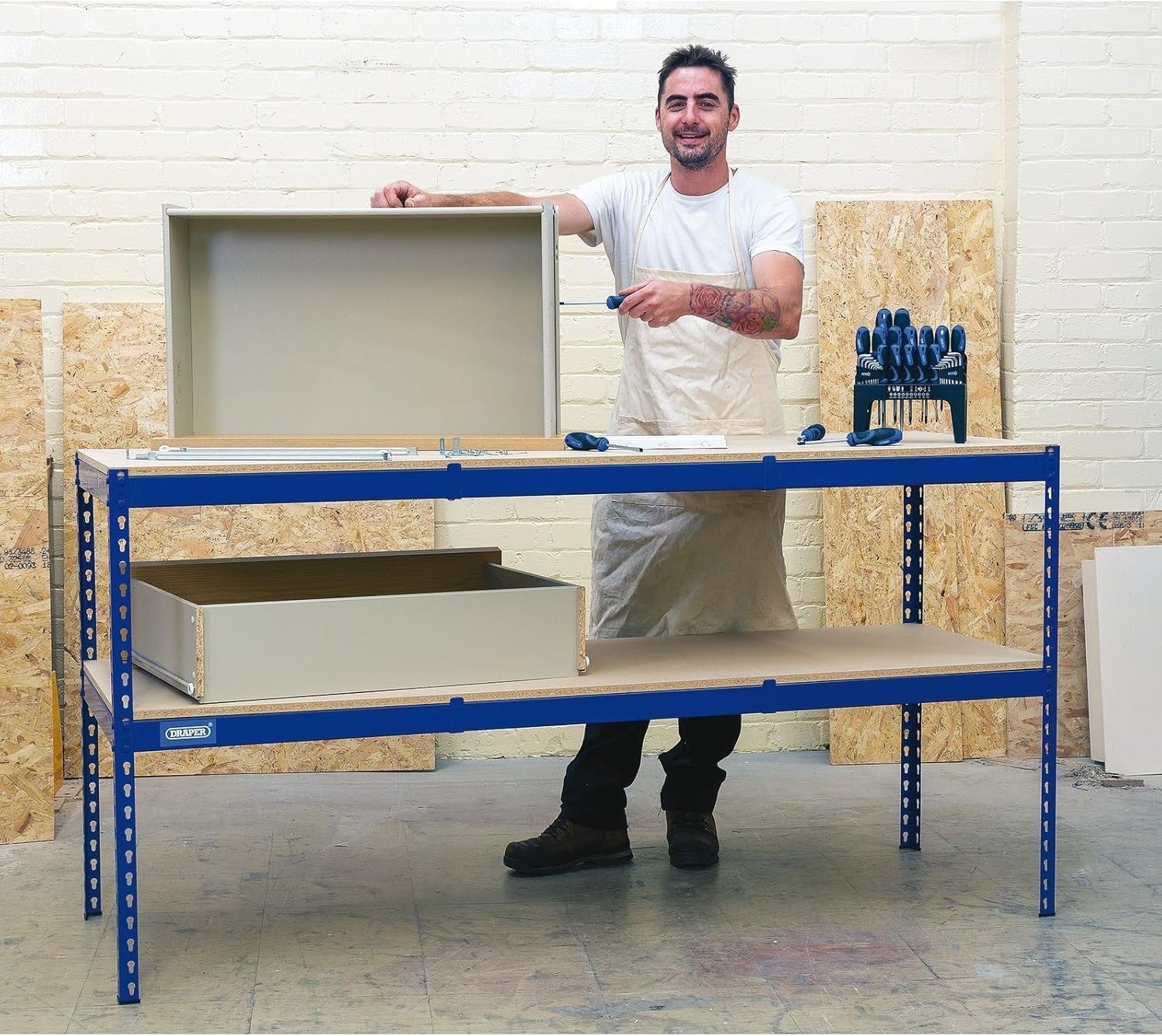 Steel Workbench 200kg Capacity Powder Coated Frame MDF Top Heavy Duty Blue