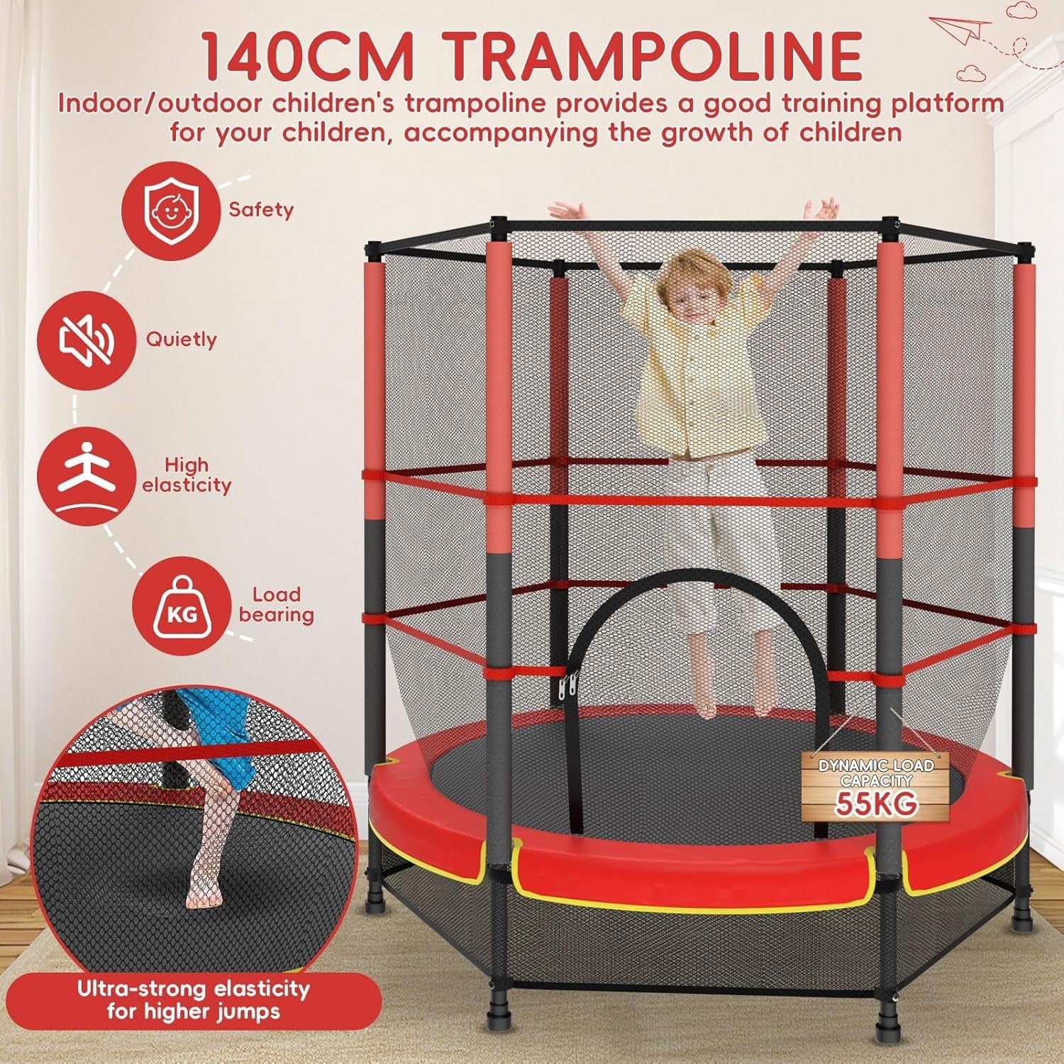 Kids Trampoline 140cm with Safety Enclosure Indoor Outdoor Ages 3-10