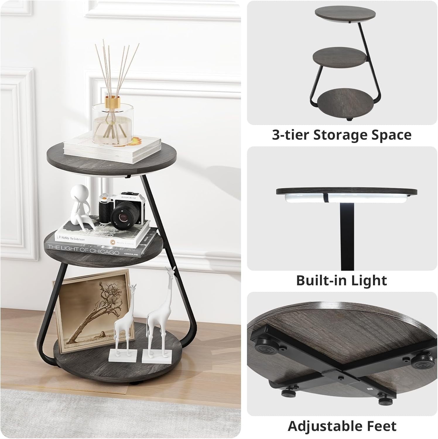 Set of 2 LED Bedside Side Tables Grey – 3-Tier Round Storage Coffee Tables