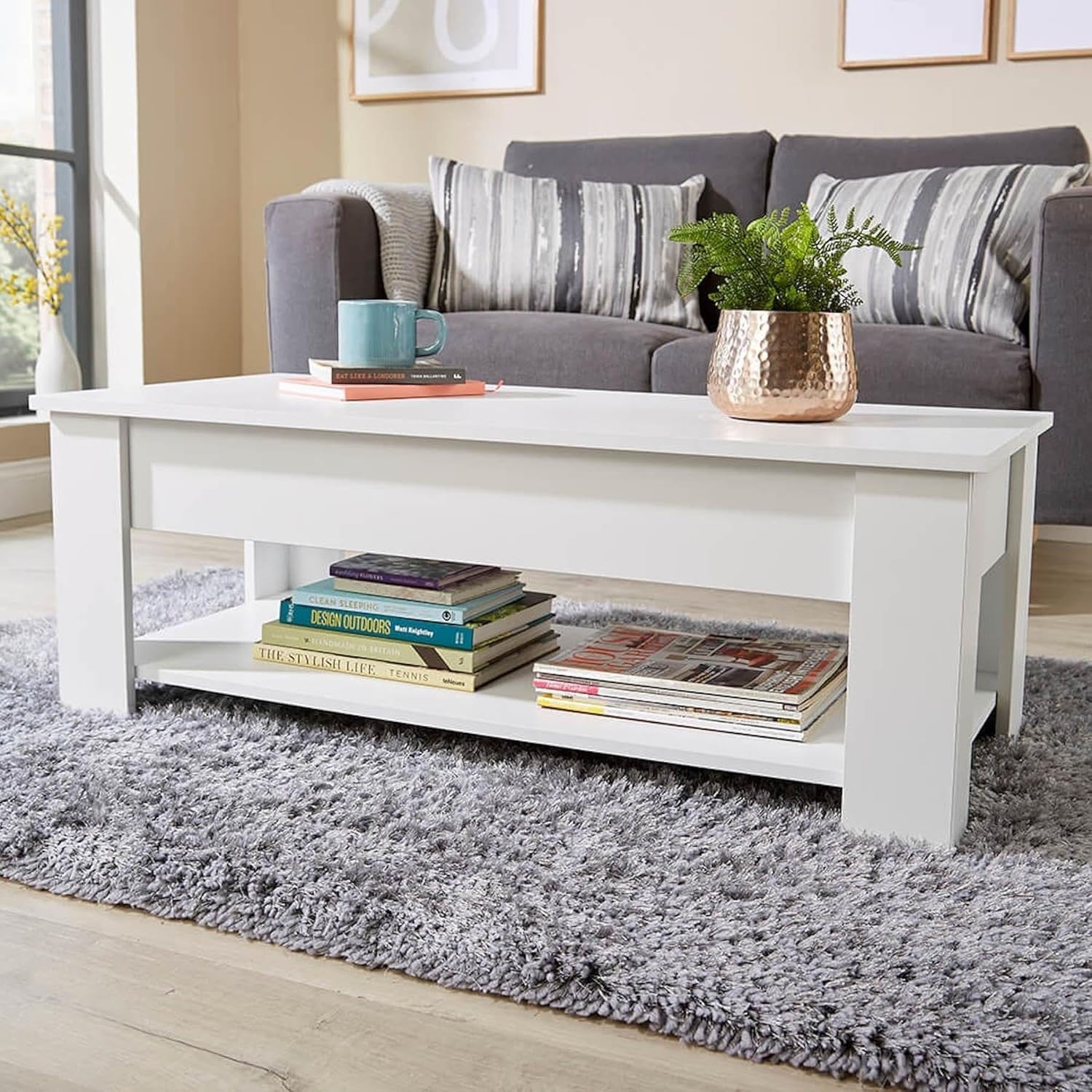 Lift Top Coffee Table White 100x50cm with Hidden Storage & Shelf Modern
