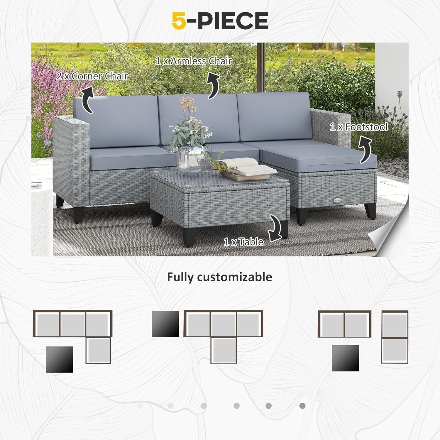 5-Piece Grey Rattan Garden Sofa Set with Cushions & Glass Coffee Table