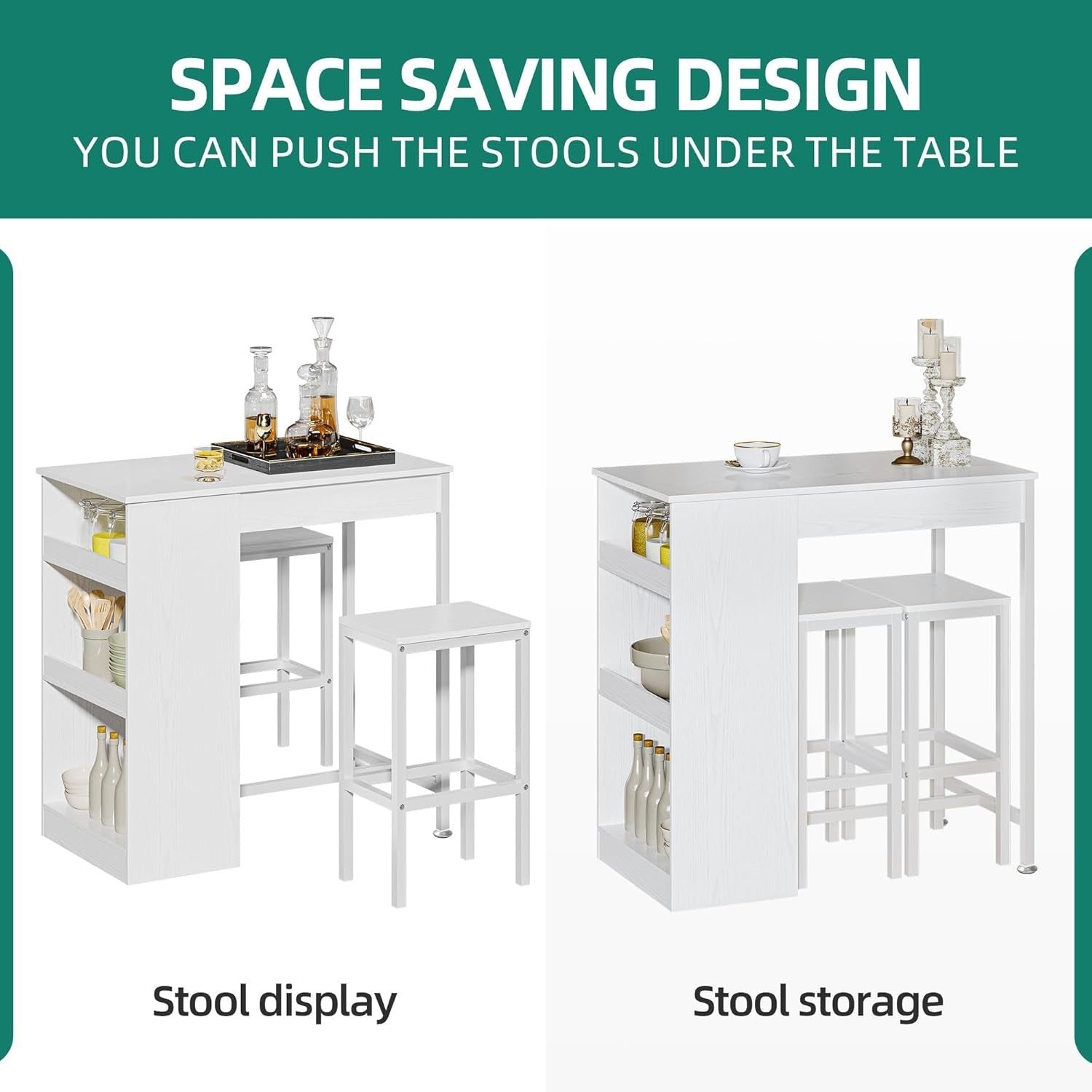 White Breakfast Bar Table Set with Storage Shelves & 2 Stools Space Saving