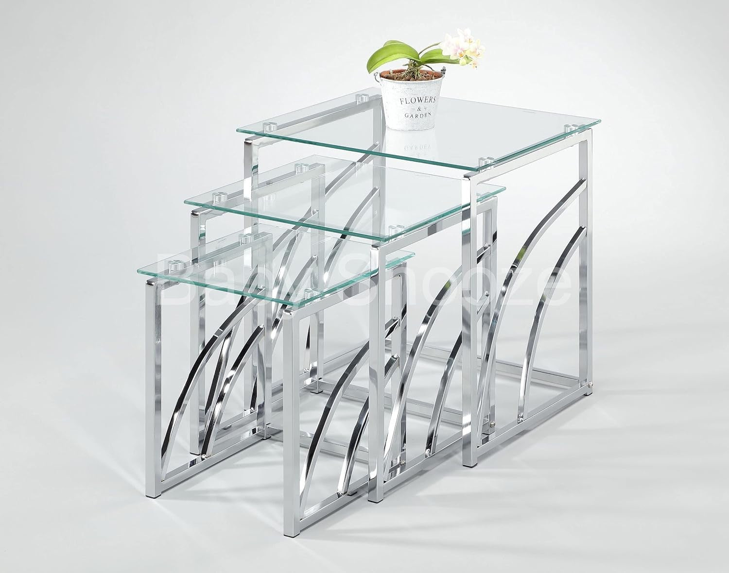 Set of 3 Clear Glass Nesting Tables Modern Chrome Metal End Side Coffee Square