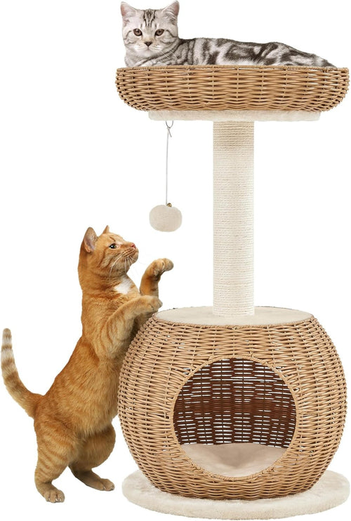 Rattan Cat Tree Tower 75cm Luxury Condo with Top Perch Scratching Post