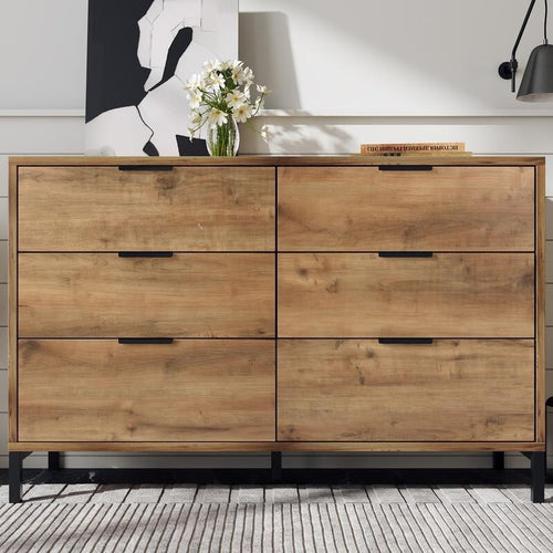 Rustic Oak Sideboard Cabinet with 6 Drawers, Chest Storage Unit 120cm