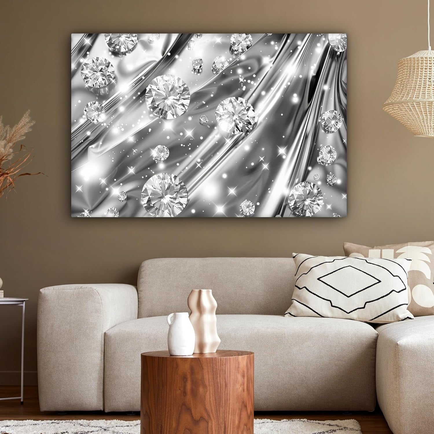 Diamond Abstract Canvas Wall Art 47x31 in Silver Modern Home Decor