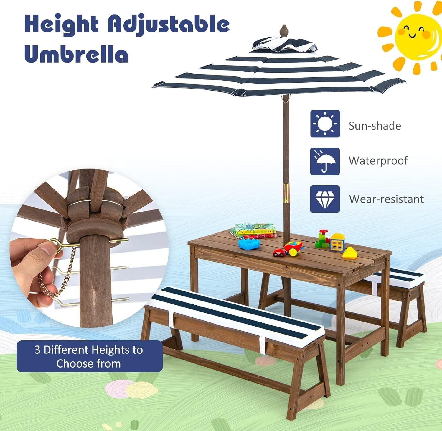 Kids Wooden Picnic Table Bench Set w/ Cushions & Foldable Umbrella Outdoor Blue