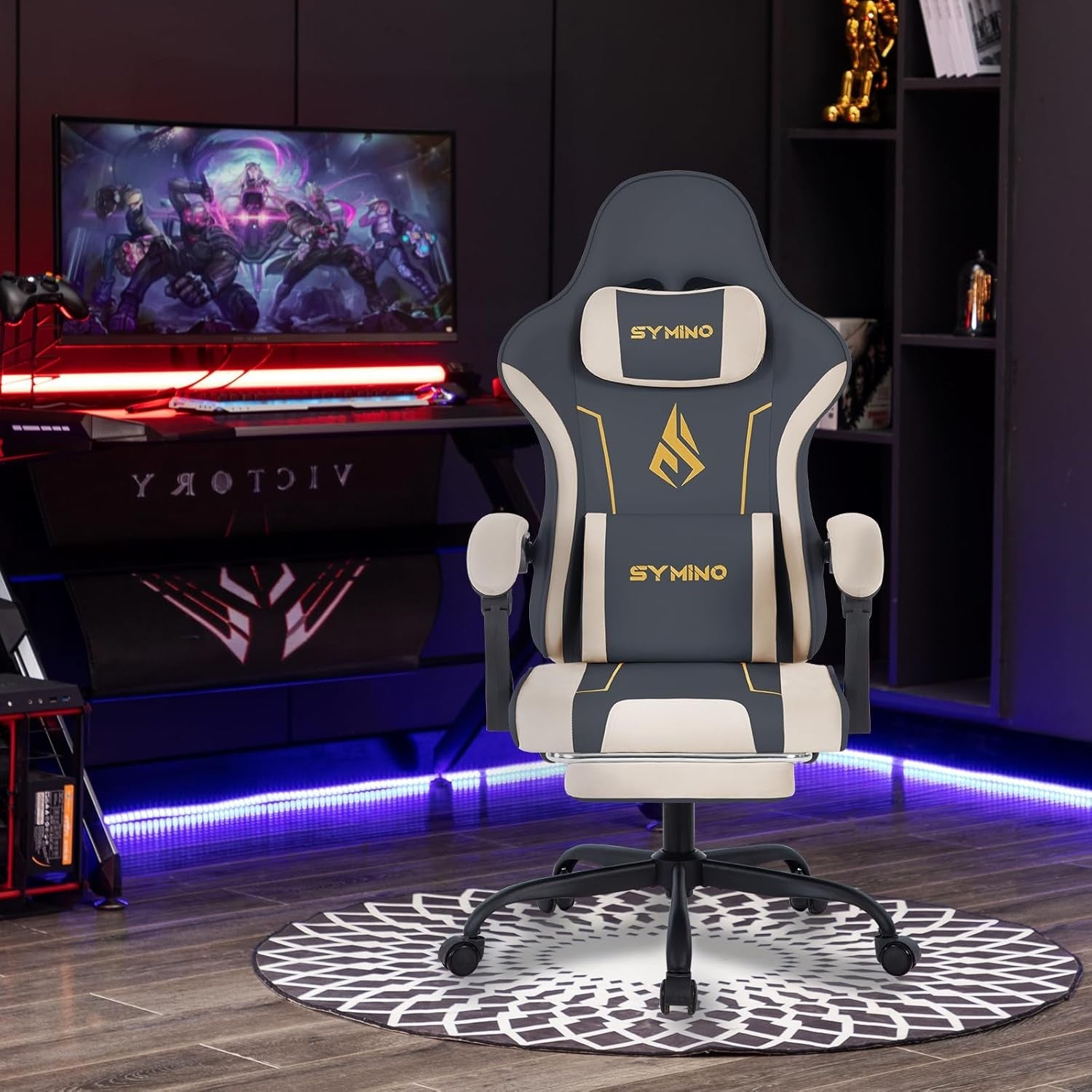 Ergonomic Gaming Chair Recliner w/ Footrest Lumbar PU Leather Grey