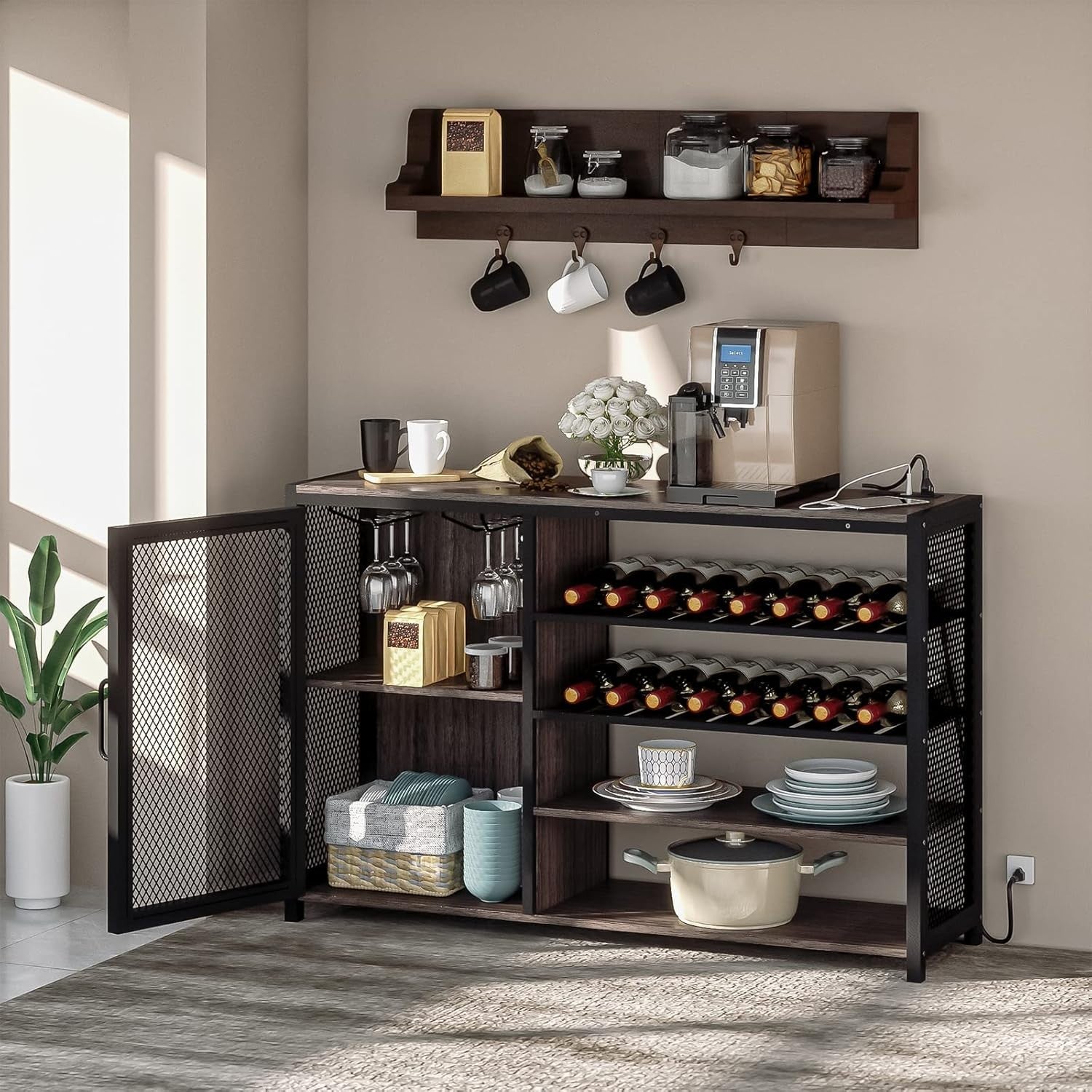 LED Home Bar Cabinet with Power Outlets, Wine Rack & Glass Holder