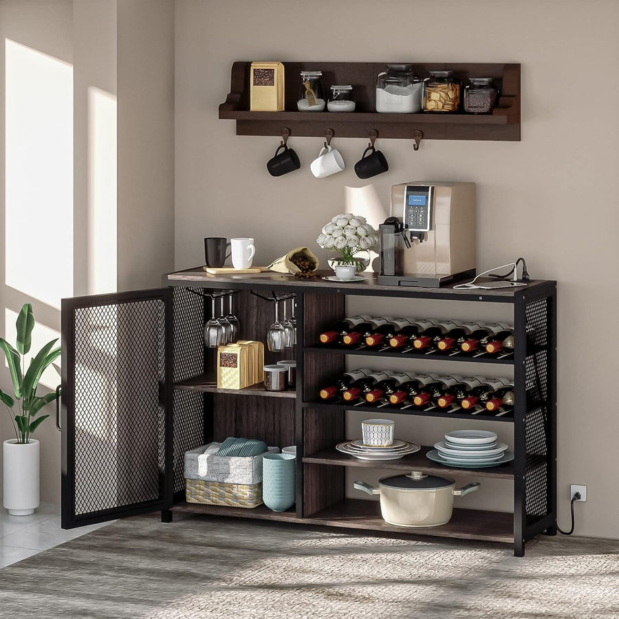 LED Home Bar Cabinet with Power Outlets, Wine Rack & Glass Holder