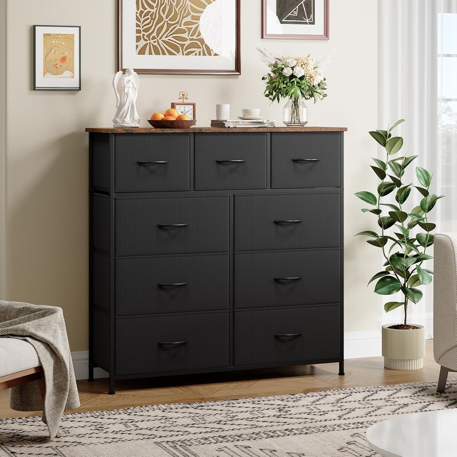 Black Rustic Brown 9 Drawer Tall Chest Fabric Dresser Organizer Storage Unit