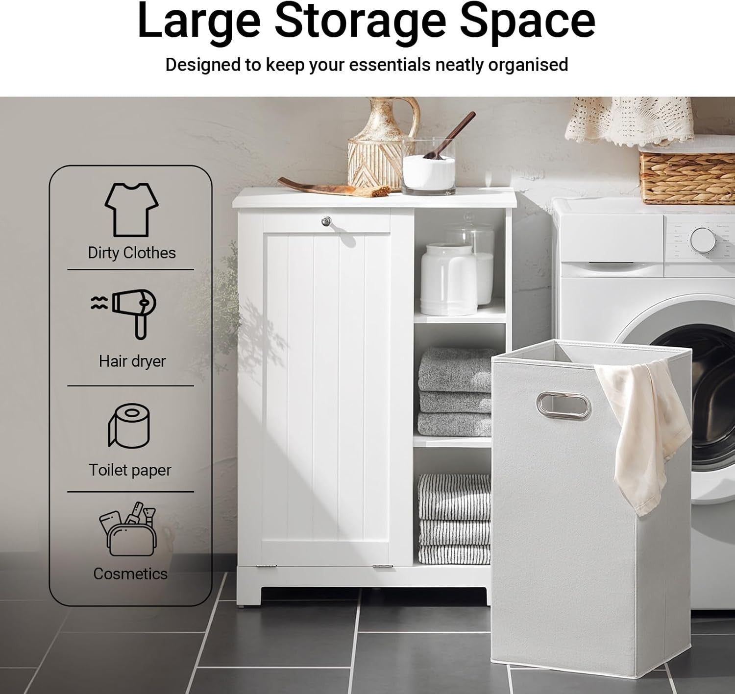 Slim Bathroom Laundry Cabinet with Flip Out Basket & Shelves White