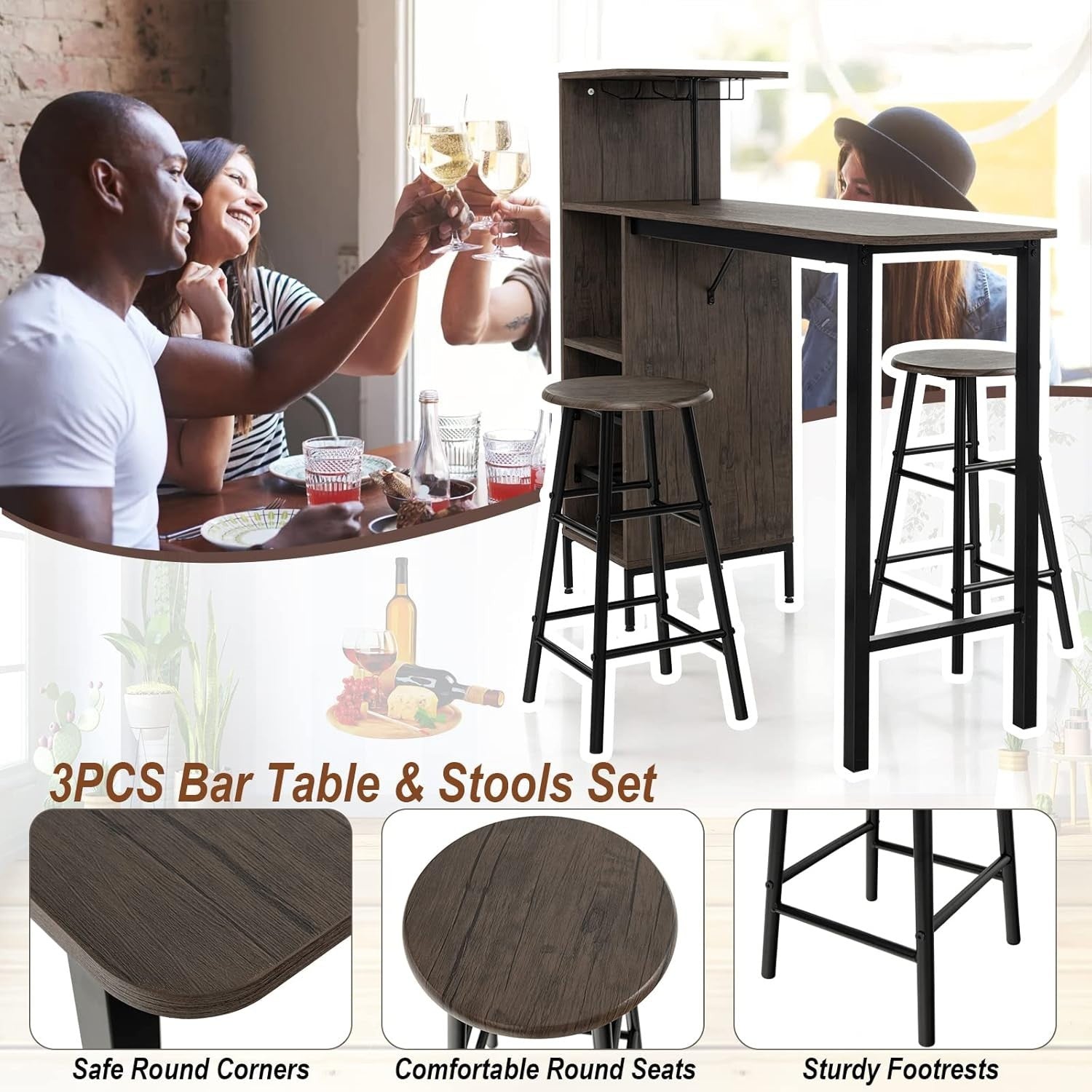 Brown Bar Table Set with Stools, Wine Rack, Glass Holders & Storage Shelves