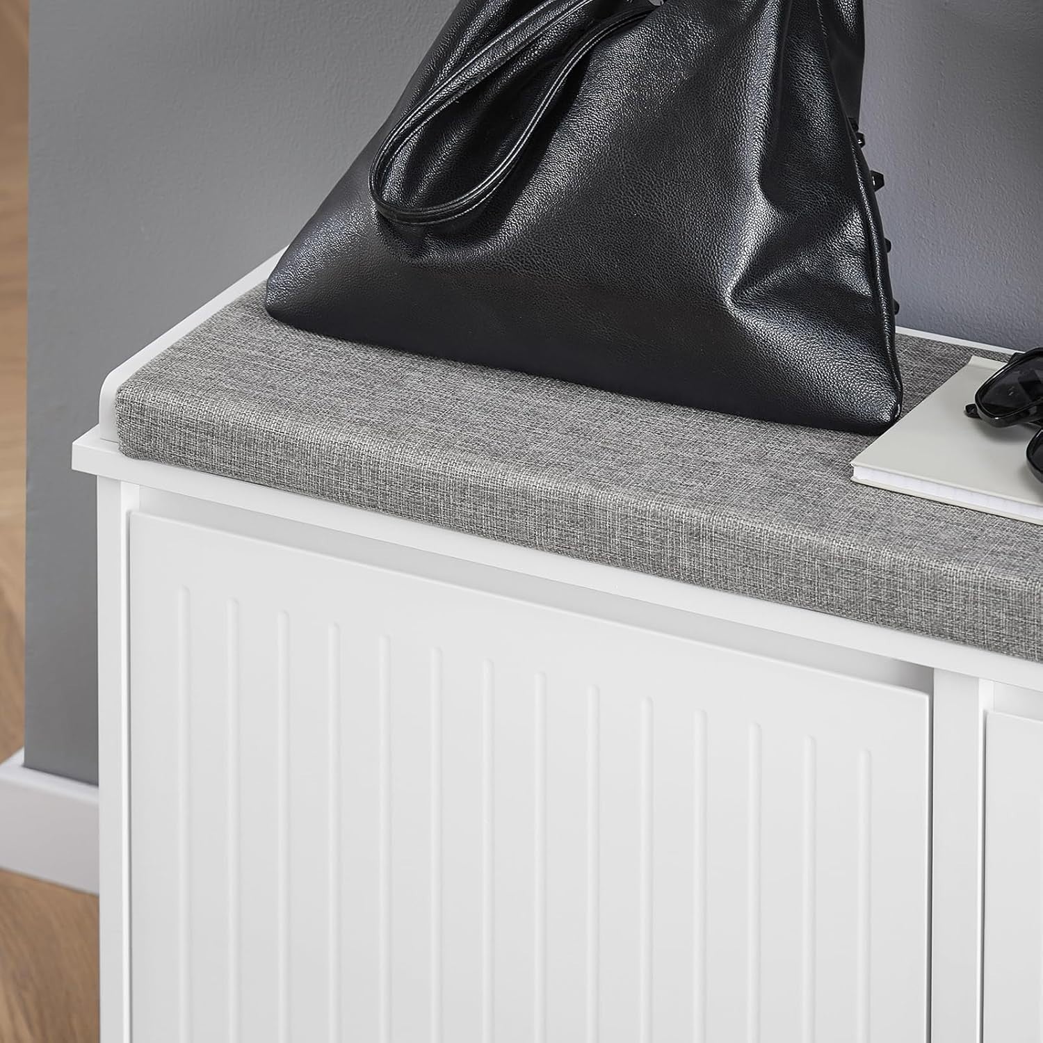 White Shoe Storage Bench with Cushion – 2 Flip Drawers, Space Saver Seat