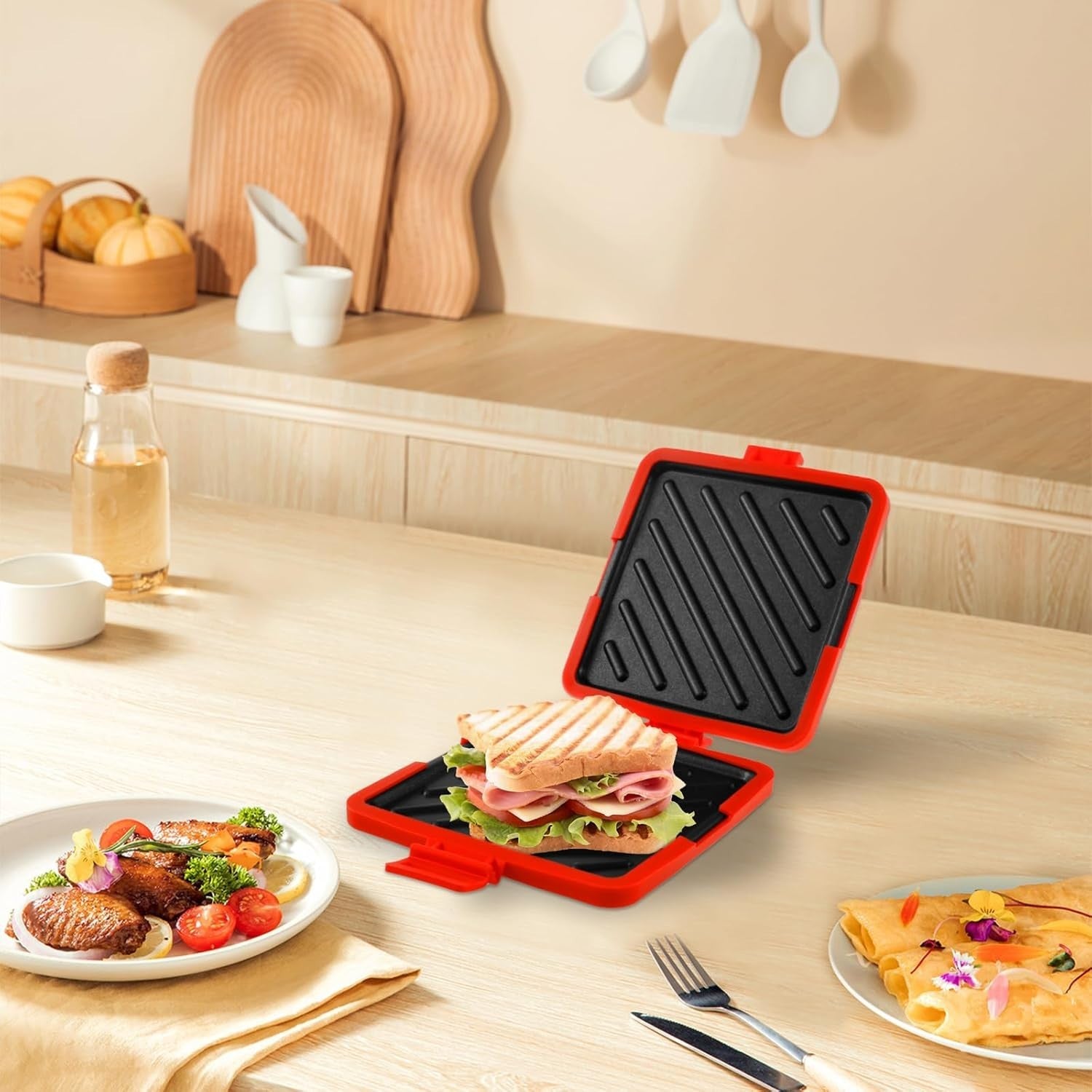 Microwave Toastie Maker Red Non-Stick Wireless Sandwich Cooker with Silicone Str