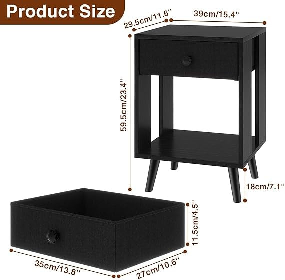 Set of 2 Black Bedside Tables with Drawer & Open Shelf, Modern Wooden Nightstand