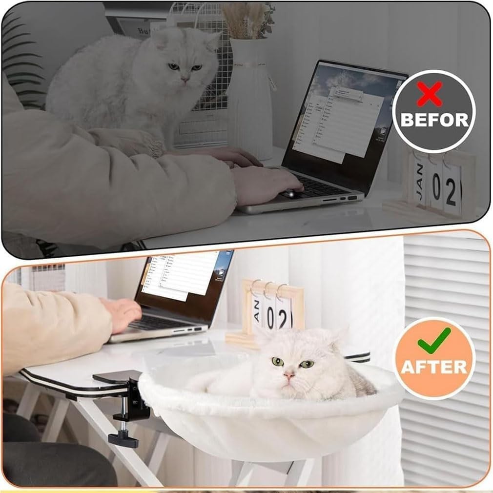 180° Rotating Cat Desk Bed Faux Fur Semi Circle Hammock Gray