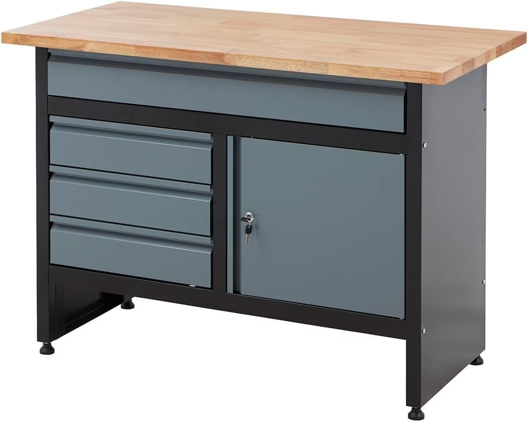 120cm Garage Workbench 4 Drawers + Cupboard 300kg Load Solid Wood Top