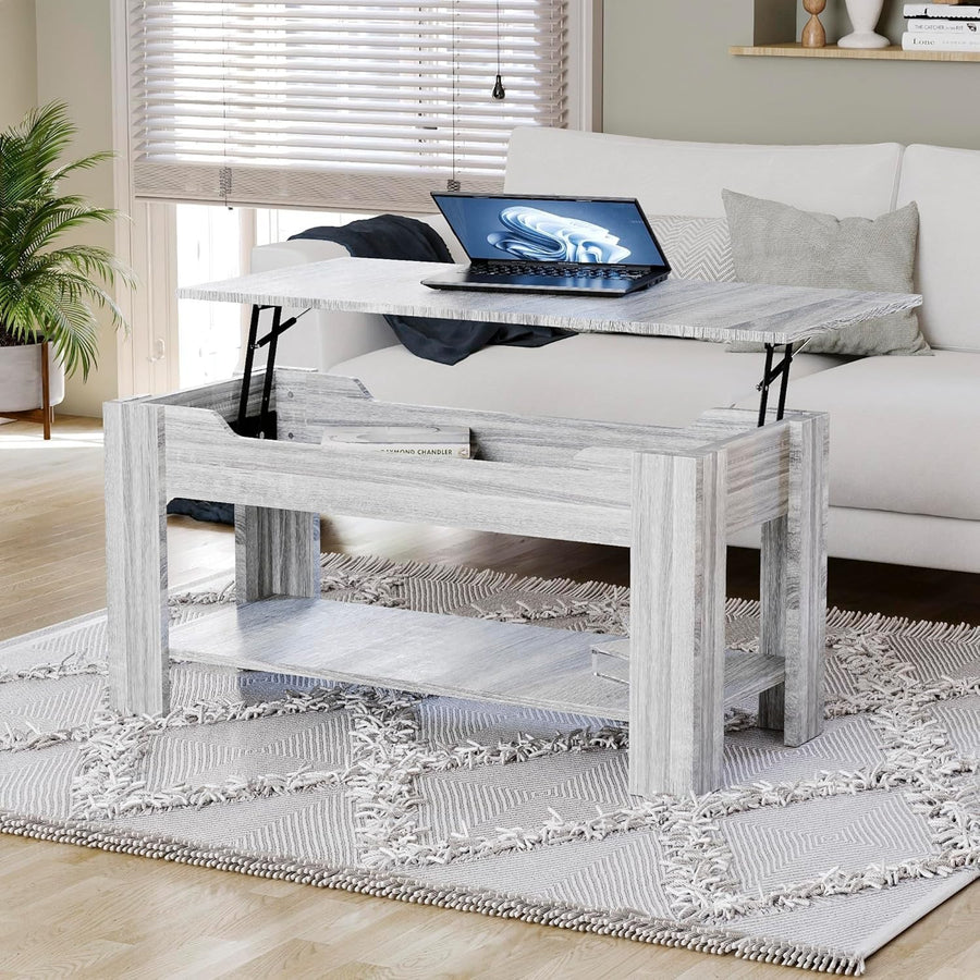 Lift Top Coffee Table with Hidden Storage & Shelf – Grey Wood – 100x48cm