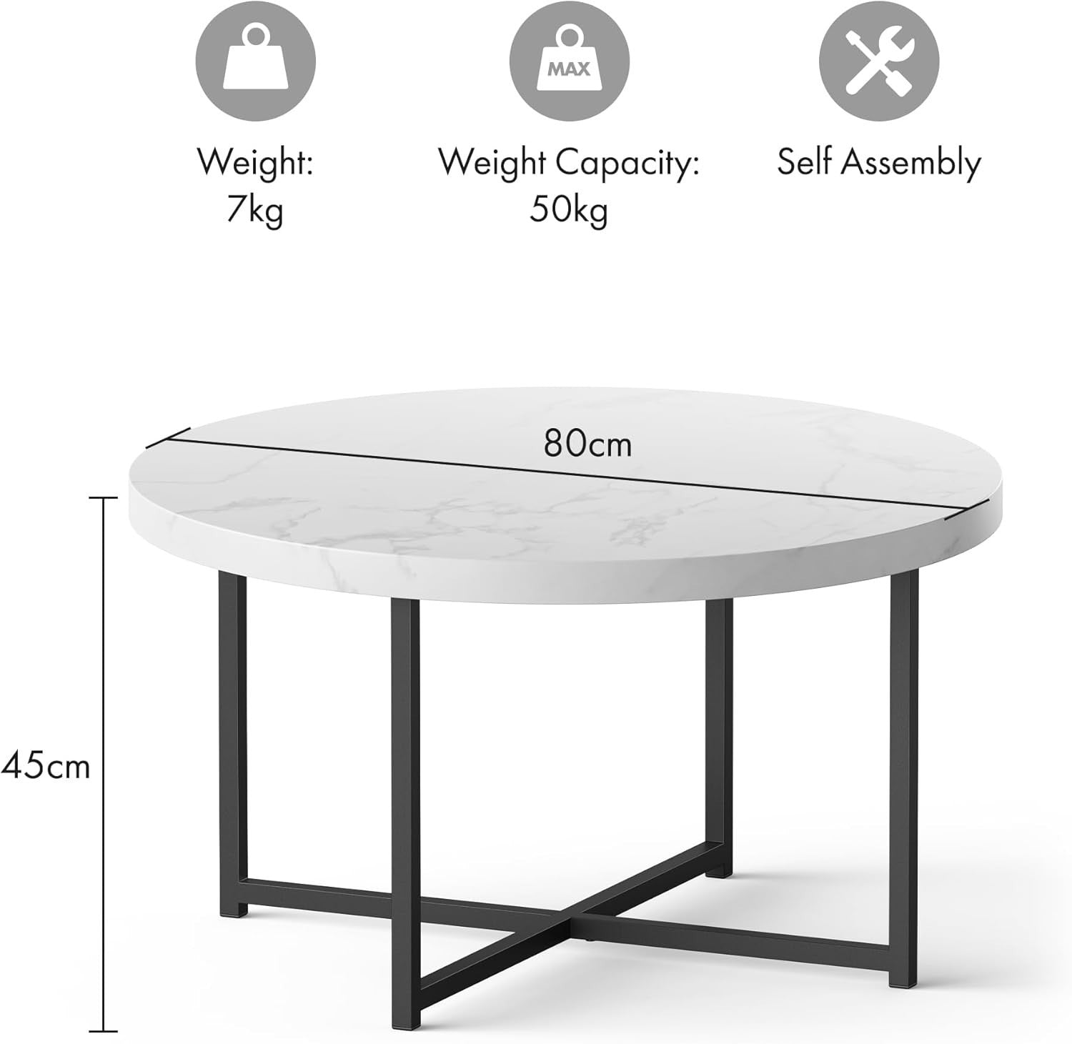 Round Marble Look Coffee Table 80cm White Grey PVC Top with Black Metal Legs
