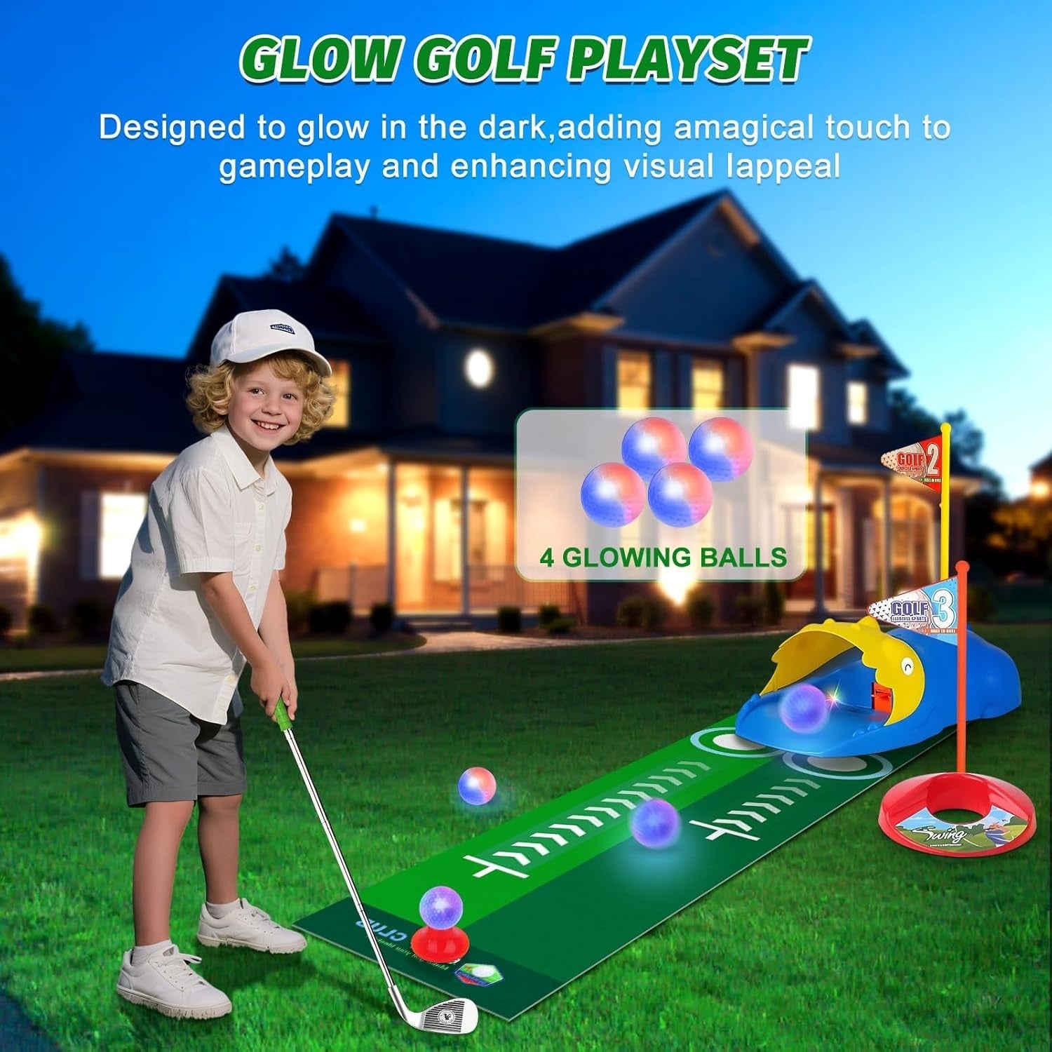 Kids Golf Set w/ Automatic Ball Return, Putting Mat & Clubs Indoor Outdoor