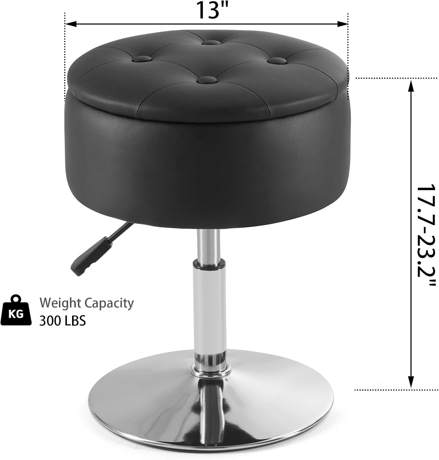 Black PU Leather Adjustable Vanity Chair – Round Swivel Makeup Stool w/ Storage